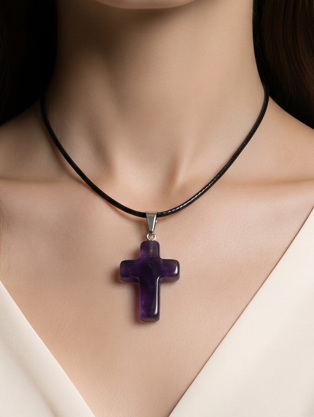 Amethyst Cross Necklace Natural Purple Stone Pendant Wax Cord Translucent Boho